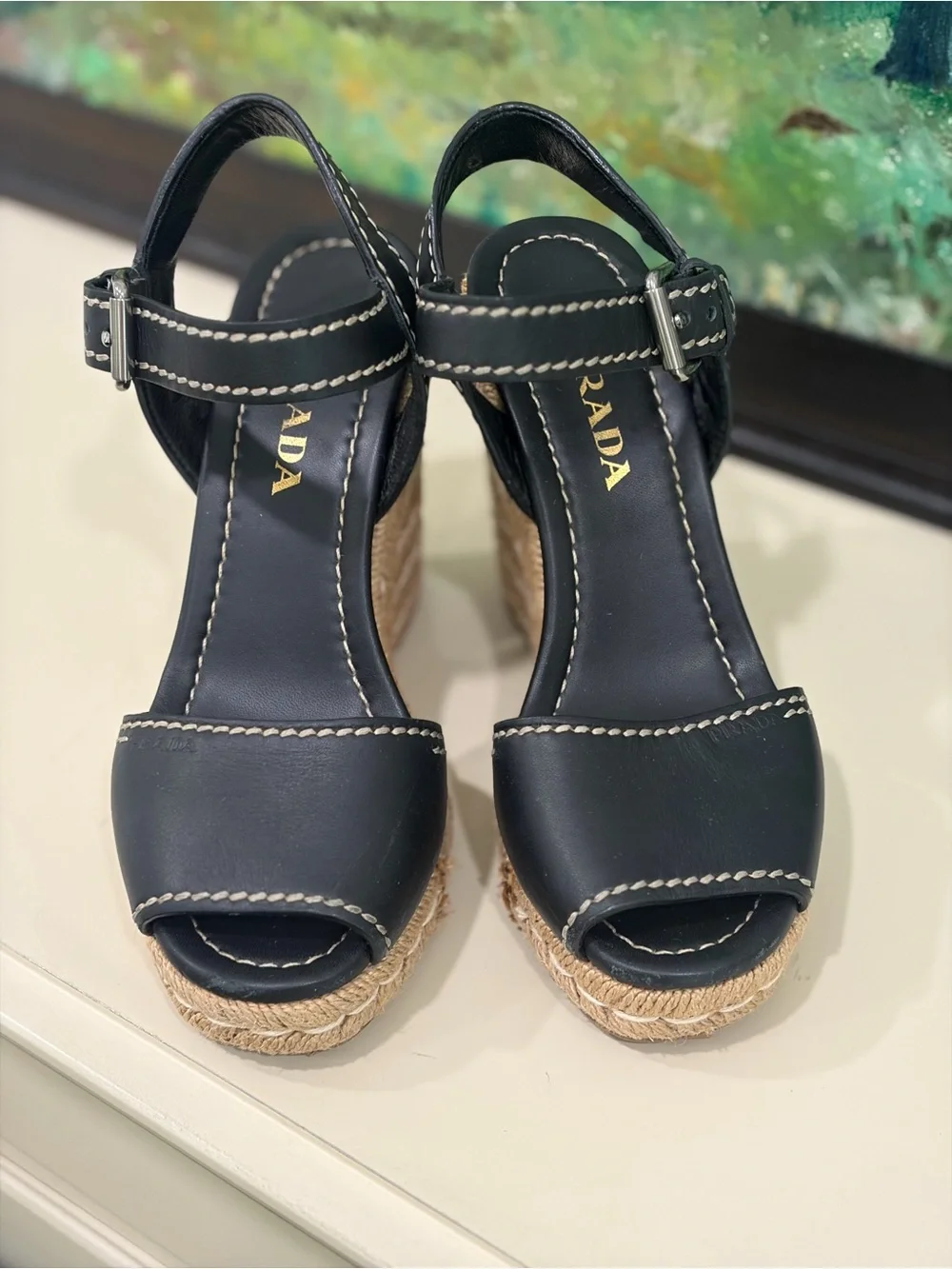 Prada Black Leather Espadrille Wedge Sandals with Contrast Stitching